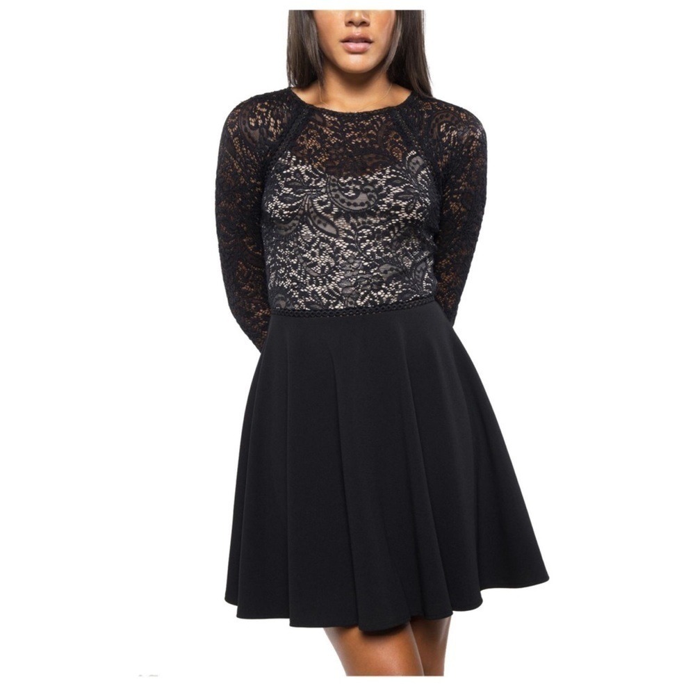 Be Darlin black nude lace long sleeves mini dress Sz 1/2bow back tie fit…